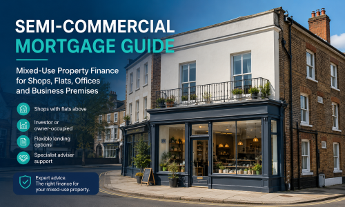 Semi-commercial mortgage guide showing a mixed-use UK property with shopfront below and residential flats above