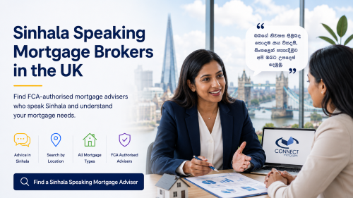 Sinhala Speaking Brokers: Sinhala speaking female mortgage adviser meeting with a female client in the UK, discussing mortgage options with Connect Mortgages branding and a London backdrop.