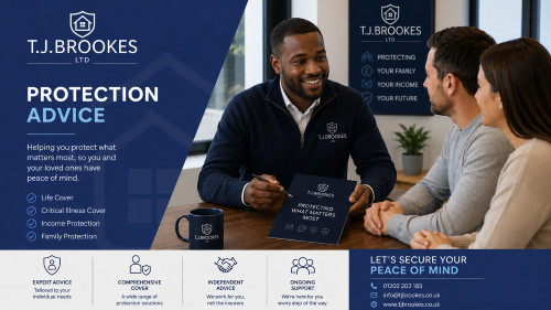 TJ Brookes Ltd protection advice consultation with a Black adviser helping clients review life cover, critical illness cover, income protection, and family protection.