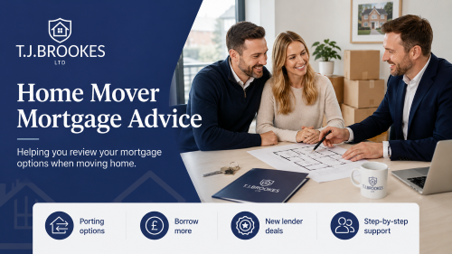 TJ Brookes Ltd home mover mortgage advice consultation with a couple reviewing moving home options and lender deals.