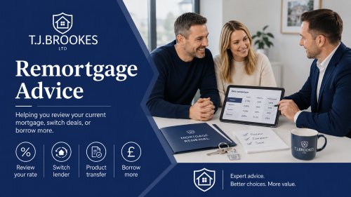 TJ Brookes Ltd remortgage advice consultation with a couple comparing rates, product transfers, and lender options.