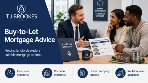 TJ Brookes Ltd buy-to-let mortgage advice meeting with a diverse couple reviewing landlord options, rental income, and property investment choices.