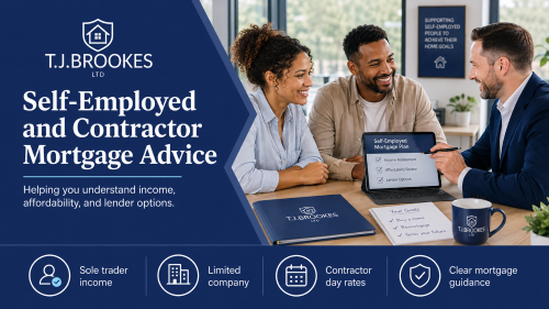 TJ Brookes Ltd self-employed and contractor mortgage advice meeting with a mixed race couple reviewing income, affordability, and lender options.