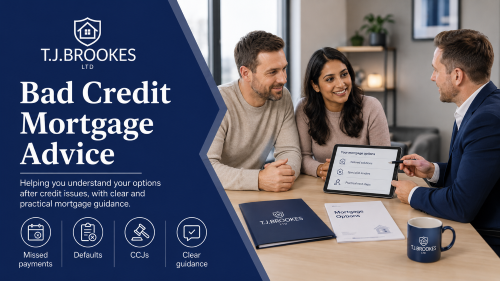 TJ Brookes Ltd bad credit mortgage advice consultation with a white man and Indian woman discussing mortgage options after credit issues.