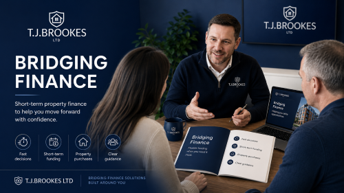 TJ Brookes Ltd branded bridging finance consultation with clients discussing short-term property funding and clear mortgage guidance.