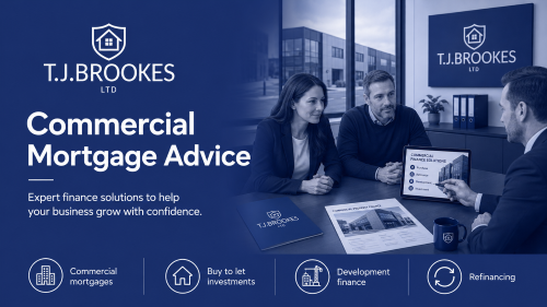 TJ Brookes Ltd commercial mortgage advice consultation with clients reviewing business property finance, buy-to-let investment, development finance, and refinancing options.