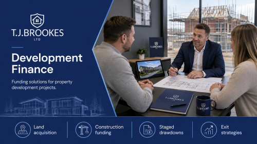TJ Brookes Ltd development finance consultation with clients reviewing property plans, staged drawdowns, construction funding, and exit strategies.