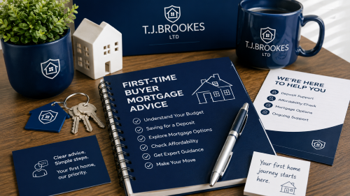TJ Brookes Ltd: First-time buyer mortgage advice checklist with house keys, deposit notes, mortgage options, and moving-in plans on a desk.