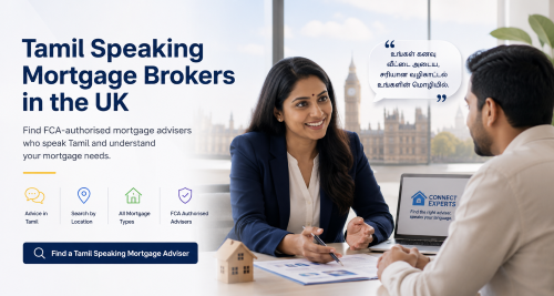 Tamil speaking brokers advising a client in the UK about mortgage options, with a London backdrop and Connect Experts branding.