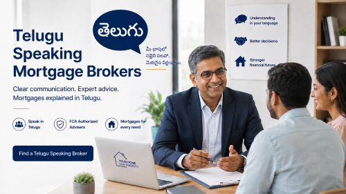 Telugu speaking brokers advising clients in a modern office, with mortgage guidance explained clearly in Telugu.