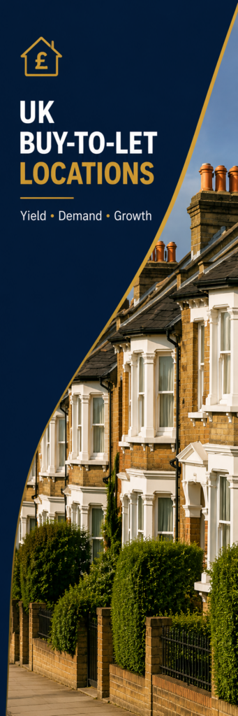 Vertical UK buy-to-let locations graphic showing branded navy and gold design with terraced houses, rental yield, tenant demand, and capital growth messaging.