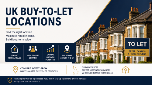 UK buy-to-let locations hero image showing terraced houses, a to-let sign, and branded icons for rental yield, tenant demand, capital growth, and UK-wide property investment guidance.