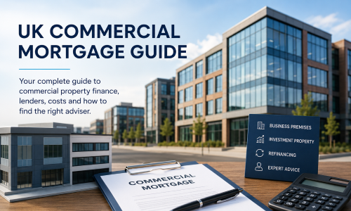 UK Commercial Mortgage Guide hero image showing modern commercial buildings, a model office block, mortgage document, calculator, and key finance themes including business premises, investment property, refinancing and expert advice.