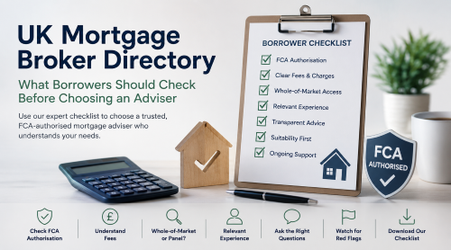 UK Mortgage Broker Directory checklist hero image showing FCA authorisation, broker fees, whole-of-market access, adviser experience, red flags, and borrower checks before choosing a mortgage adviser.