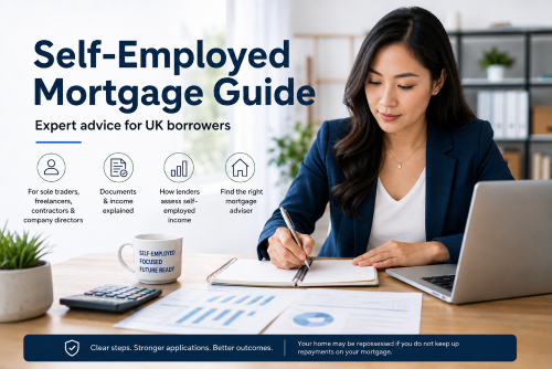 UK Self-Employed Mortgage Guide- Self-employed mortgage guide hero image showing a woman reviewing documents at a laptop, with icons for income, documents and mortgage adviser support.