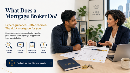 What Does a Mortgage Broker Do? Mortgage broker explaining lender options to a client during a consultation, with mortgage comparison documents, keys and home-buying notes on the desk.