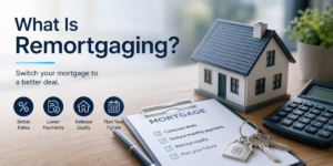 What is a Remortgage? UK guide showing a house model, mortgage documents, calculator and keys to explain switching mortgage deals.