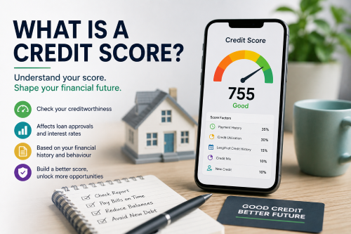 What is a Credit Score? Credit score shown on a smartphone beside a house model, checklist, and financial icons explaining how credit history can affect mortgage options.