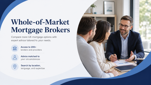 Whole-of-market mortgage brokers advising clients, with branded blue design elements and key benefits including access to 200+ lenders and providers.