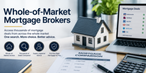 Whole-of-Market Mortgage Brokers guide showing a house model, mortgage comparison documents, calculator and lender options on a laptop.