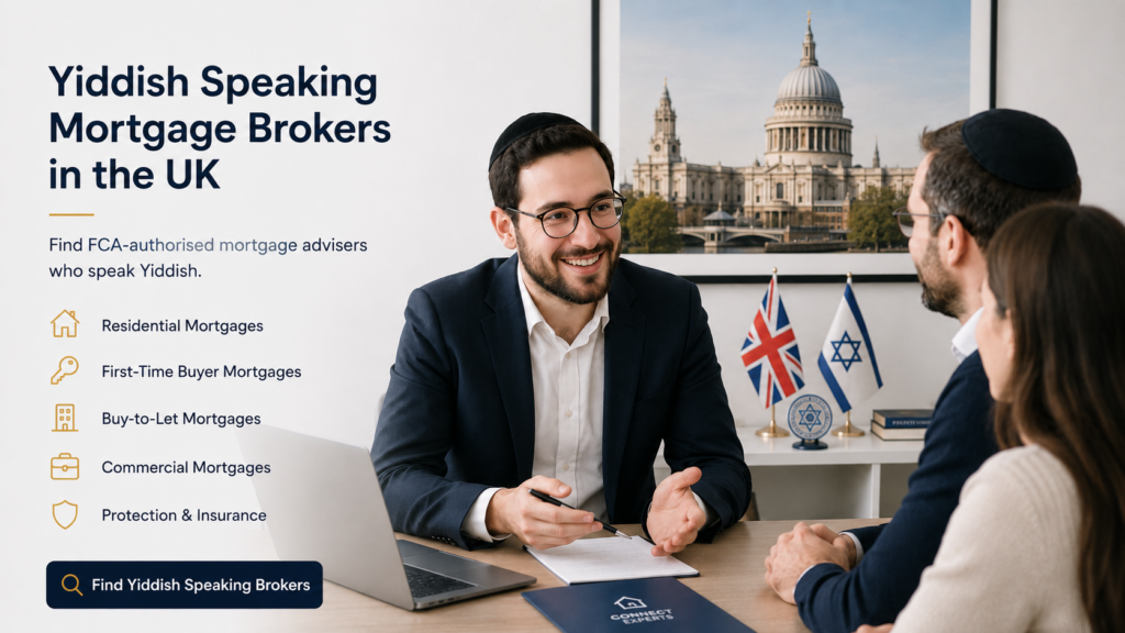 Yiddish speaking brokers advising UK clients, with St Paul’s Cathedral wall art, UK and Jewish symbols, and mortgage service icons.