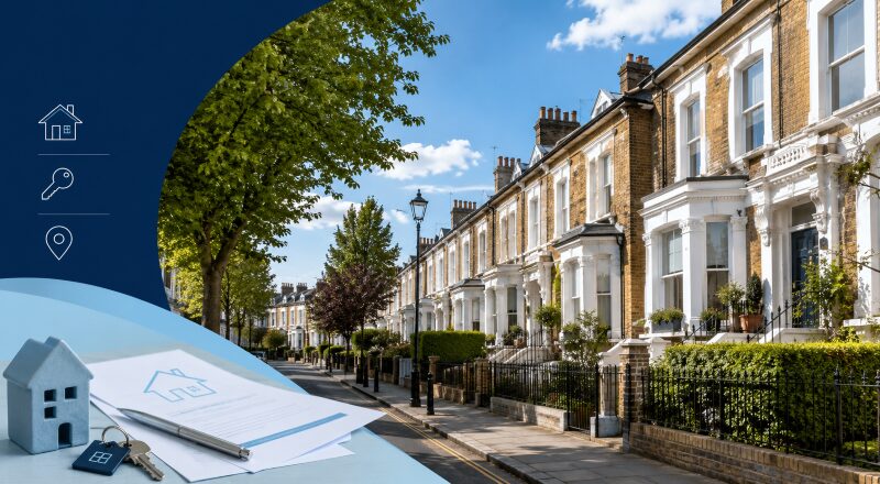 Mortgage Broker in Holloway hero image featuring a sunny North London street with Victorian terraced homes and subtle property icons.