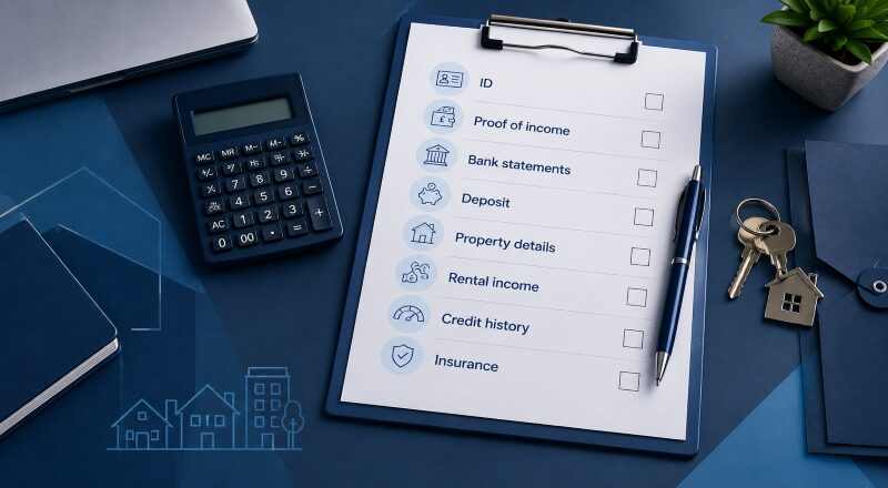 Buy-to-Let Mortgage Application Checklist with property documents, calculator, rental income details and house keys.