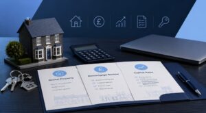 Buy-to-Let Remortgages and Capital Raising illustrated with a rental property model, keys, calculator and mortgage review documents.