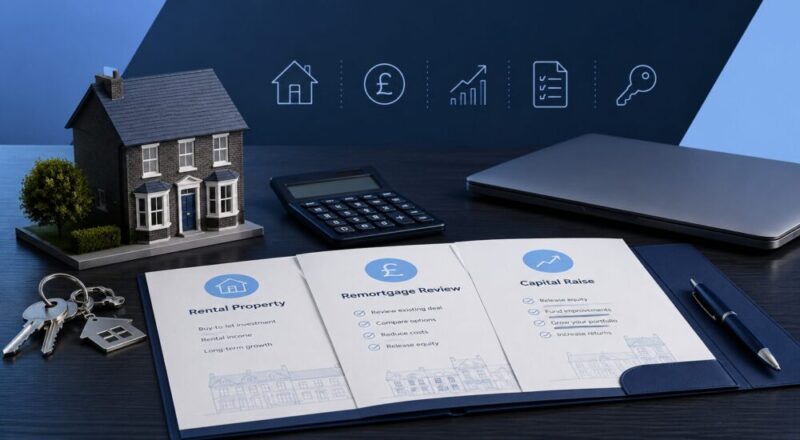 Buy-to-Let Remortgages and Capital Raising illustrated with a rental property model, keys, calculator and mortgage review documents.