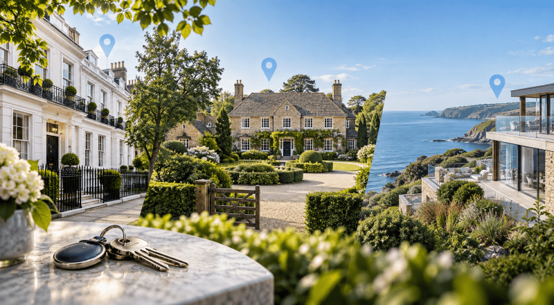 Buying in the UK’s Most Affluent Areas, featuring prime London, countryside and coastal properties.