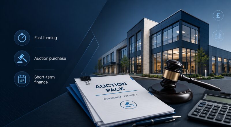 Commercial Auction Bridging Loans with auction gavel, commercial property, auction pack and short-term finance icons.