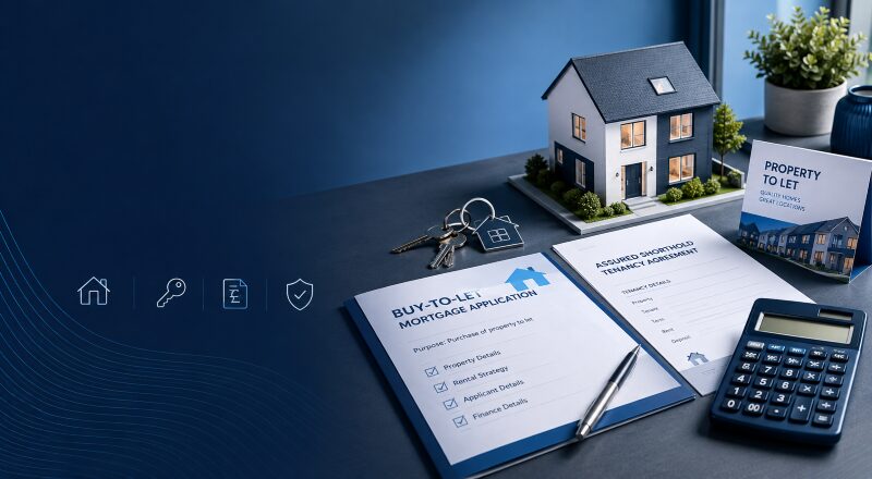 Consumer Buy-to-Let Mortgages with house model, property keys, tenancy documents and mortgage calculator.