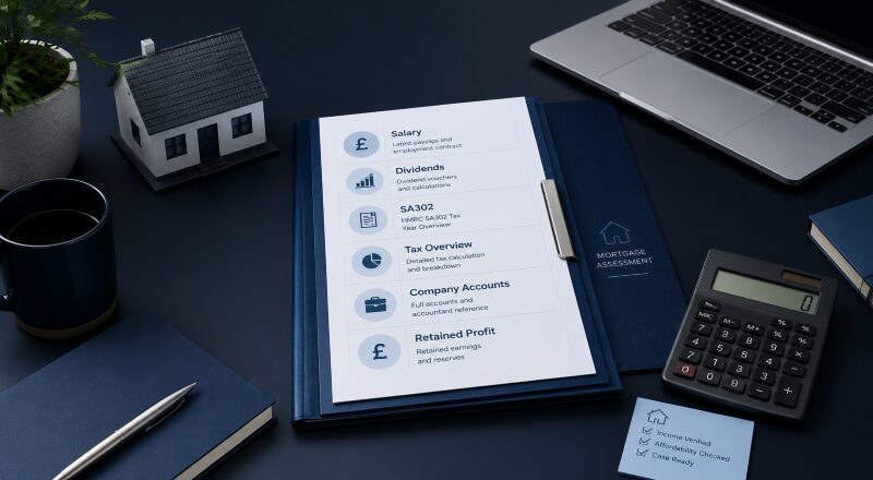 Director Mortgage Income assessment documents with salary, dividends, company accounts, retained profit, calculator and model house.