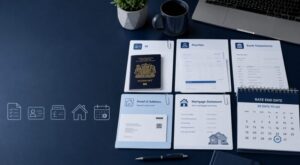 Documents Needed Before Your Mortgage Rate Ends arranged on a desk, including ID, payslips, bank statements, proof of address and a mortgage statement.