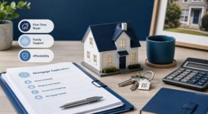 Family-Assisted Mortgages Without a Deposit Gift, shown with a model home, keys, mortgage application and affordability icons.