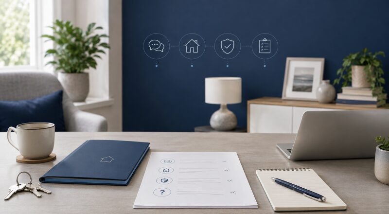 First Equity Release Adviser Meeting with a checklist, house keys, documents and laptop in a professional consultation setting.