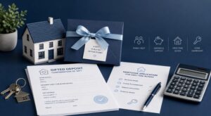 Gifted Deposits for First-Time Buyers with a model home, gift envelope, mortgage paperwork, house keys and calculator.