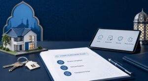 Home Purchase Plan or Islamic Mortgage with Sharia-compliant property finance documents, house model and keys.