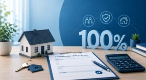How 100% Mortgages Work for First-Time Buyers, illustrated with a house model, keys, mortgage application and calculator.