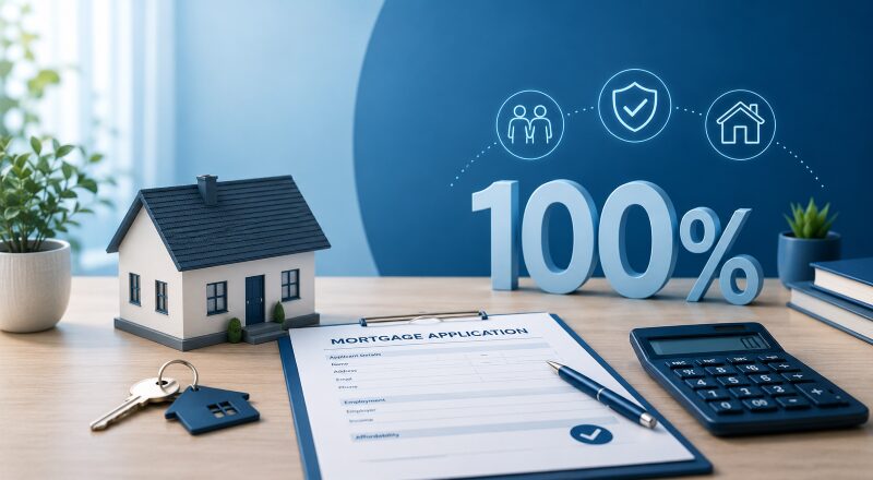How 100% Mortgages Work for First-Time Buyers, illustrated with a house model, keys, mortgage application and calculator.