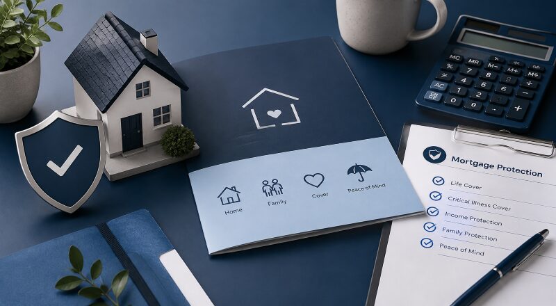 How Much Mortgage Protection Cover Do You Need? A mortgage protection workspace with a house model, shield icon, calculator, checklist and policy brochure in dark blue and light blue tones.