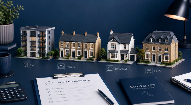 How Property Type Affects Buy-to-Let Mortgages, showing flats, terraced homes, detached houses and HMO properties.