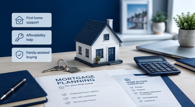 JBSP Mortgages for First-Time Buyers, featuring a model home, keys, calculator and mortgage planning documents in dark and light blue.