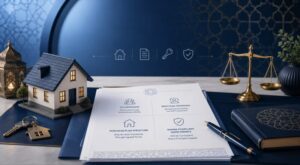 Legal Ownership in Islamic Home Finance illustrated through property documents, house keys and a home model.