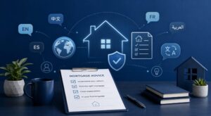 Mortgage Advice in Your First Language with multilingual speech bubbles, home, checklist and translation icons.