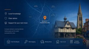 Mortgage Adviser Market Harborough hero image featuring a local map with location pin, historic Market Harborough architecture and mortgage advice icons.