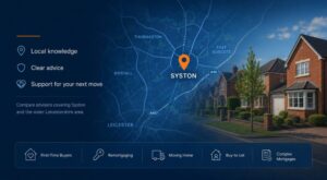 Mortgage Broker in Syston hero image featuring a local Syston map with location pin, Leicestershire residential streets, and mortgage advice icons.