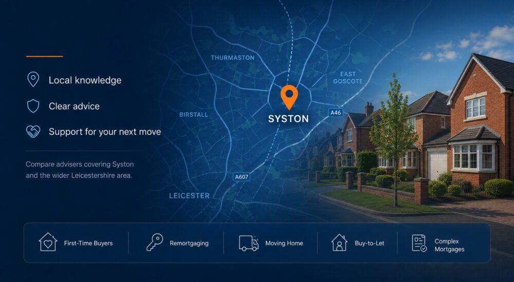 Mortgage Broker in Syston hero image featuring a local Syston map with location pin, Leicestershire residential streets, and mortgage advice icons.