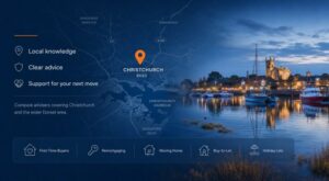 Mortgage Broker Christchurch BH23 hero image featuring a local map pin, Christchurch Harbour, the Priory skyline, boats, and mortgage advice icons.