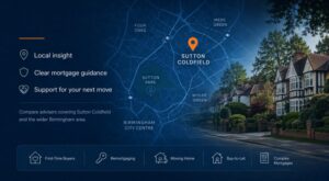 Mortgage Broker Sutton Coldfield hero image featuring a local area map, Sutton Coldfield location pin, leafy residential streets, and mortgage advice icons.